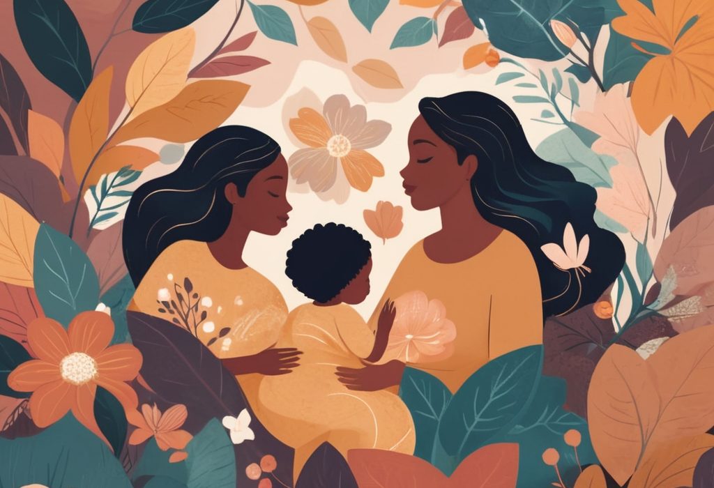 woman managing post-partum depression after childbirth surrounded by supportive family members.