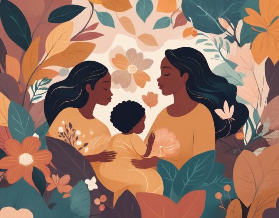 woman managing post-partum depression after childbirth surrounded by supportive family members.