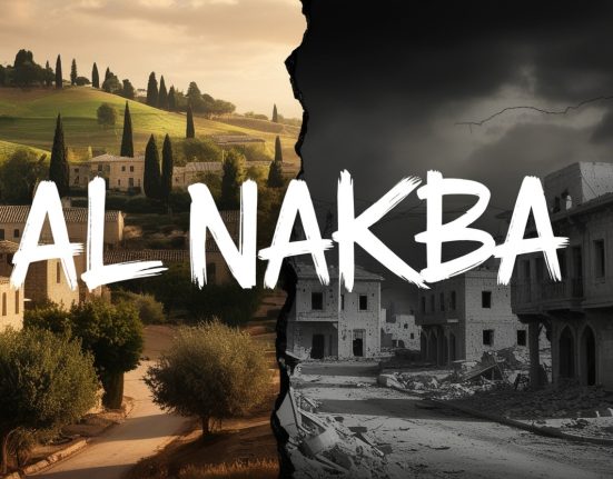 A split image depicting the before and after of Al Nakba: a peaceful Palestinian village contrasted with its war-torn state, symbolizing the Palestinian struggle.