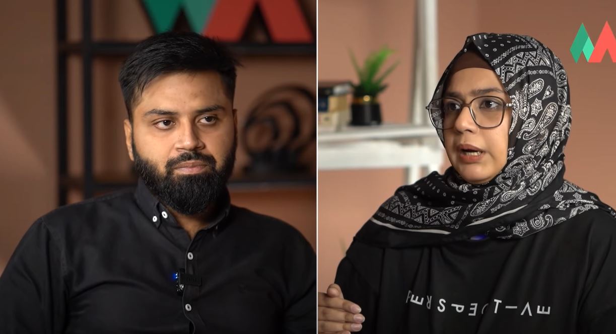 Sharjeena and Mustafa standing apart with a mix of emotions, against the backdrop of a traditional house and modern cityscape.